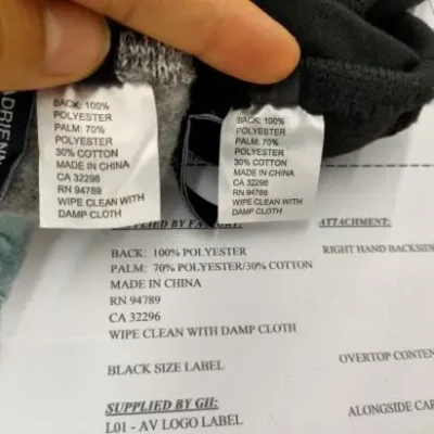 Care labels for manufacturing gloves